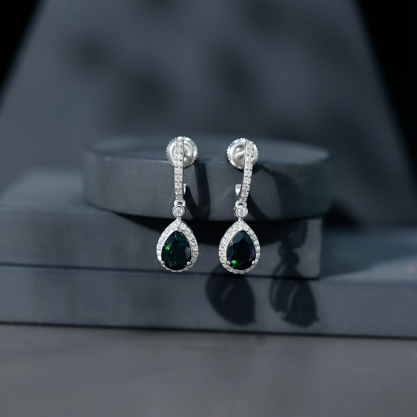 Classic Black Opal and Moissanite Hoop Drop Earrings