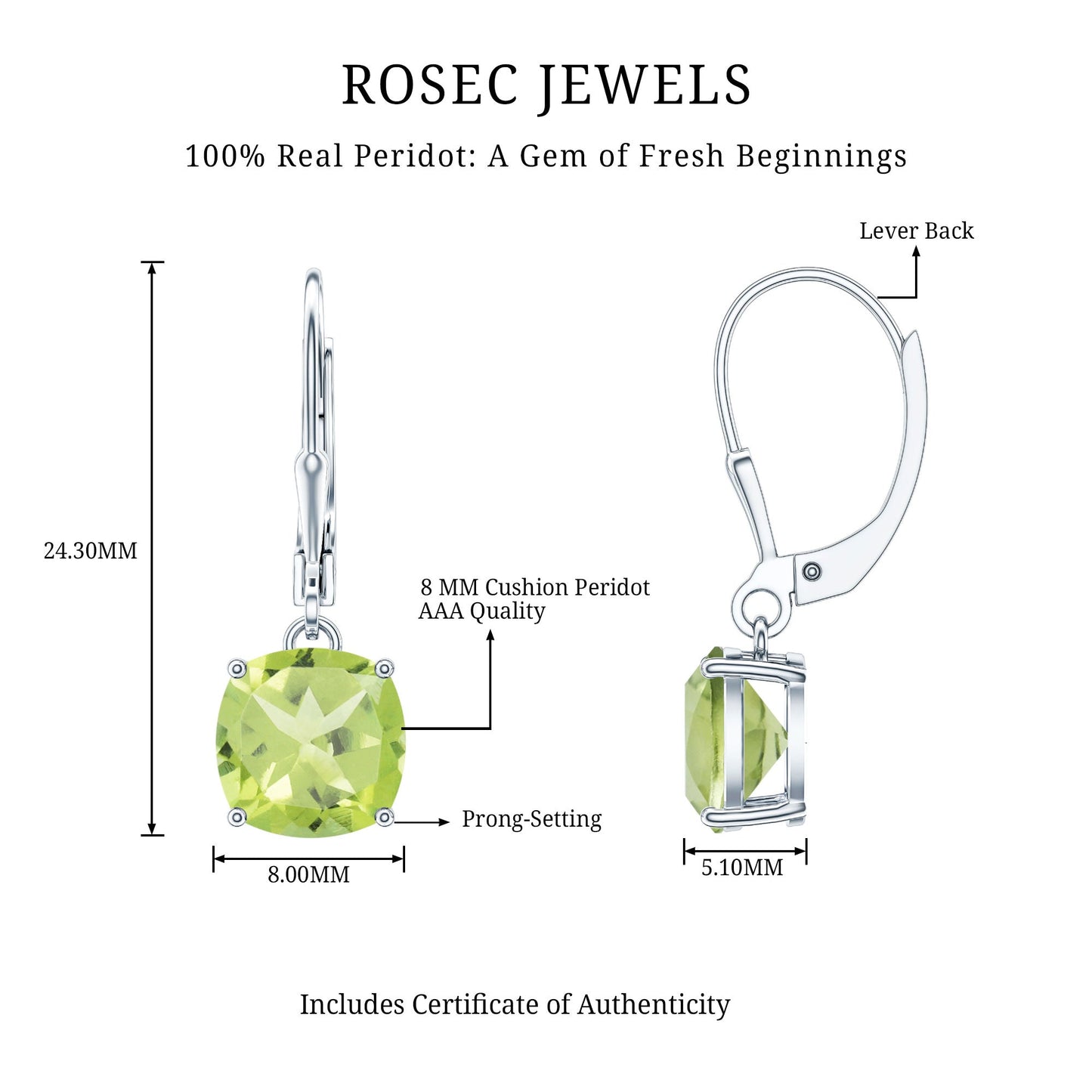 4.2 Carat Cushion Cut Peridot Solitaire Drop Earrings with Leverback