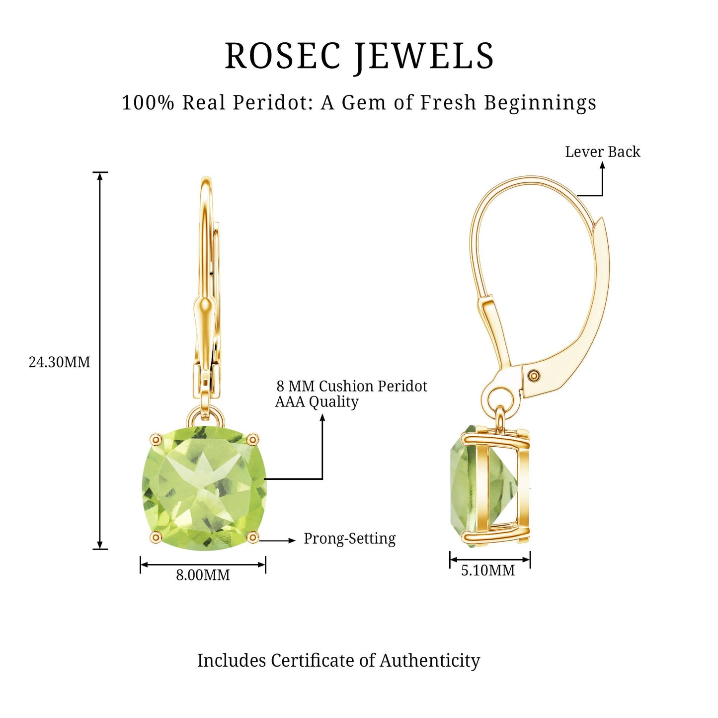 4.2 Carat Cushion Cut Peridot Solitaire Drop Earrings with Leverback