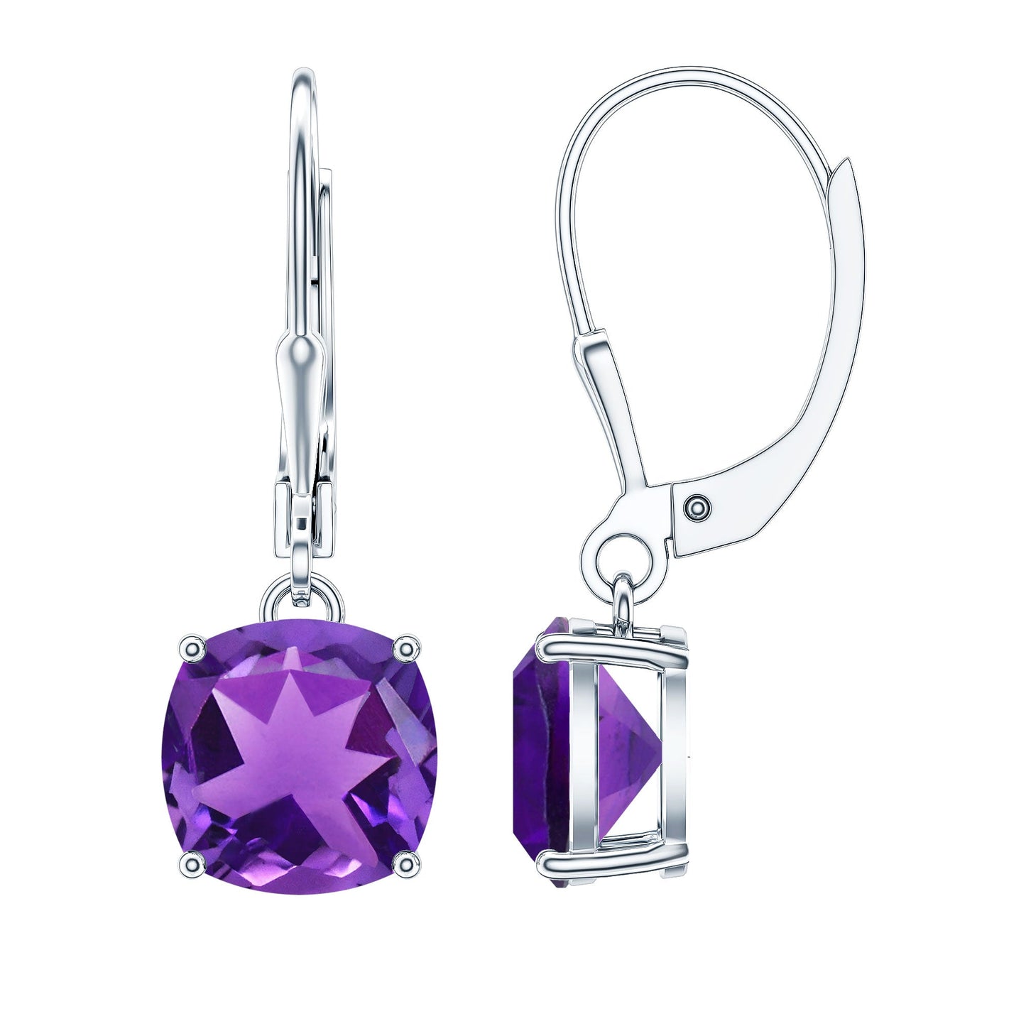 Natural 4.2 Carat Cushion Cut Amethyst Drop Earrings with Lever Back