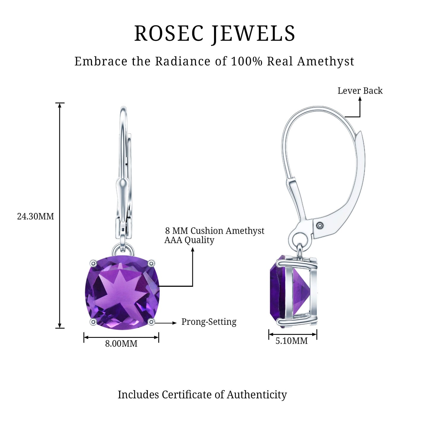 Natural 4.2 Carat Cushion Cut Amethyst Drop Earrings with Lever Back