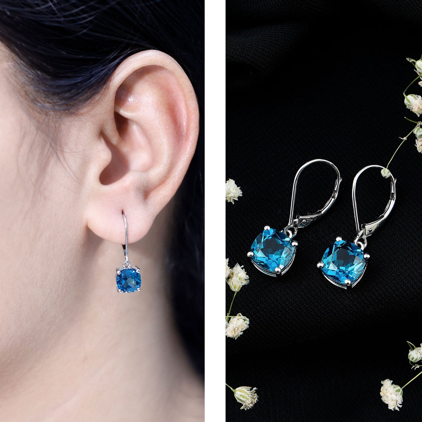 Cushion Cut London Blue Topaz Solitaire Drop Earrings