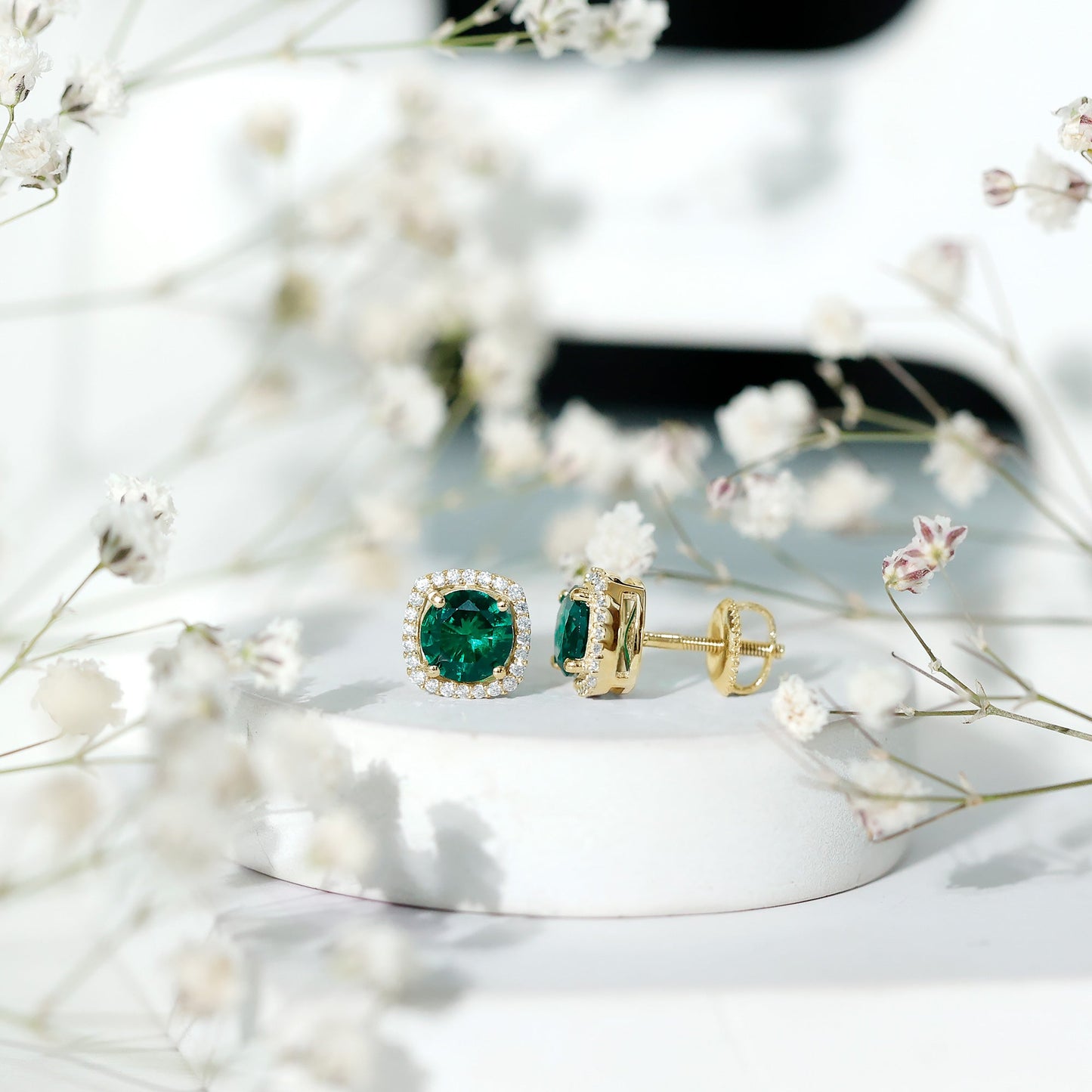 Classic Lab Grown Emerald Halo Stud Earrings with Certificate