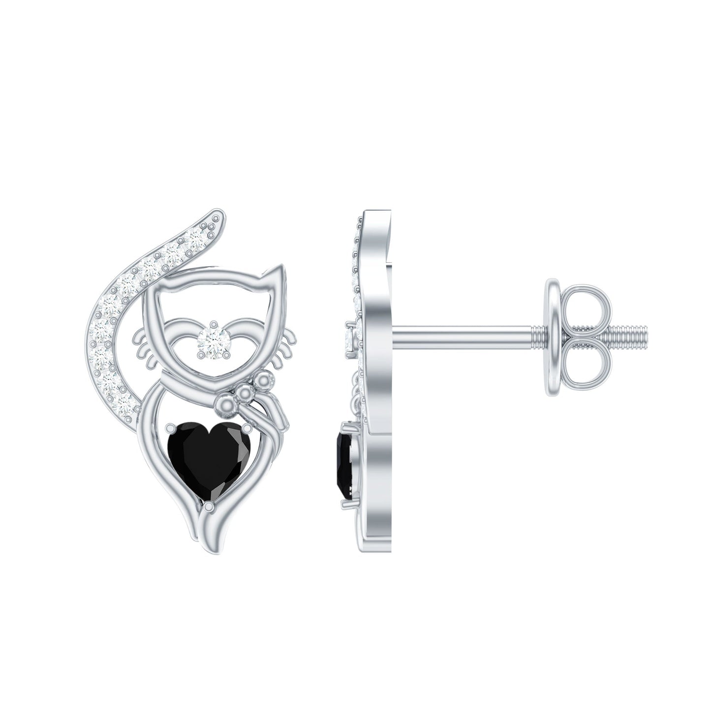 Heart Shape Lab Grown Black and White Diamond Cat Stud Earrings