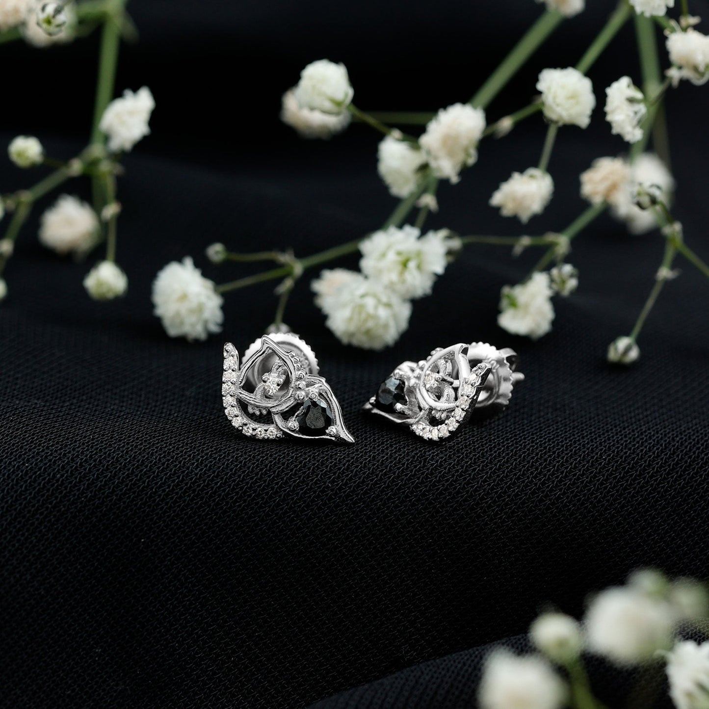 Heart Shape Lab Grown Black and White Diamond Cat Stud Earrings