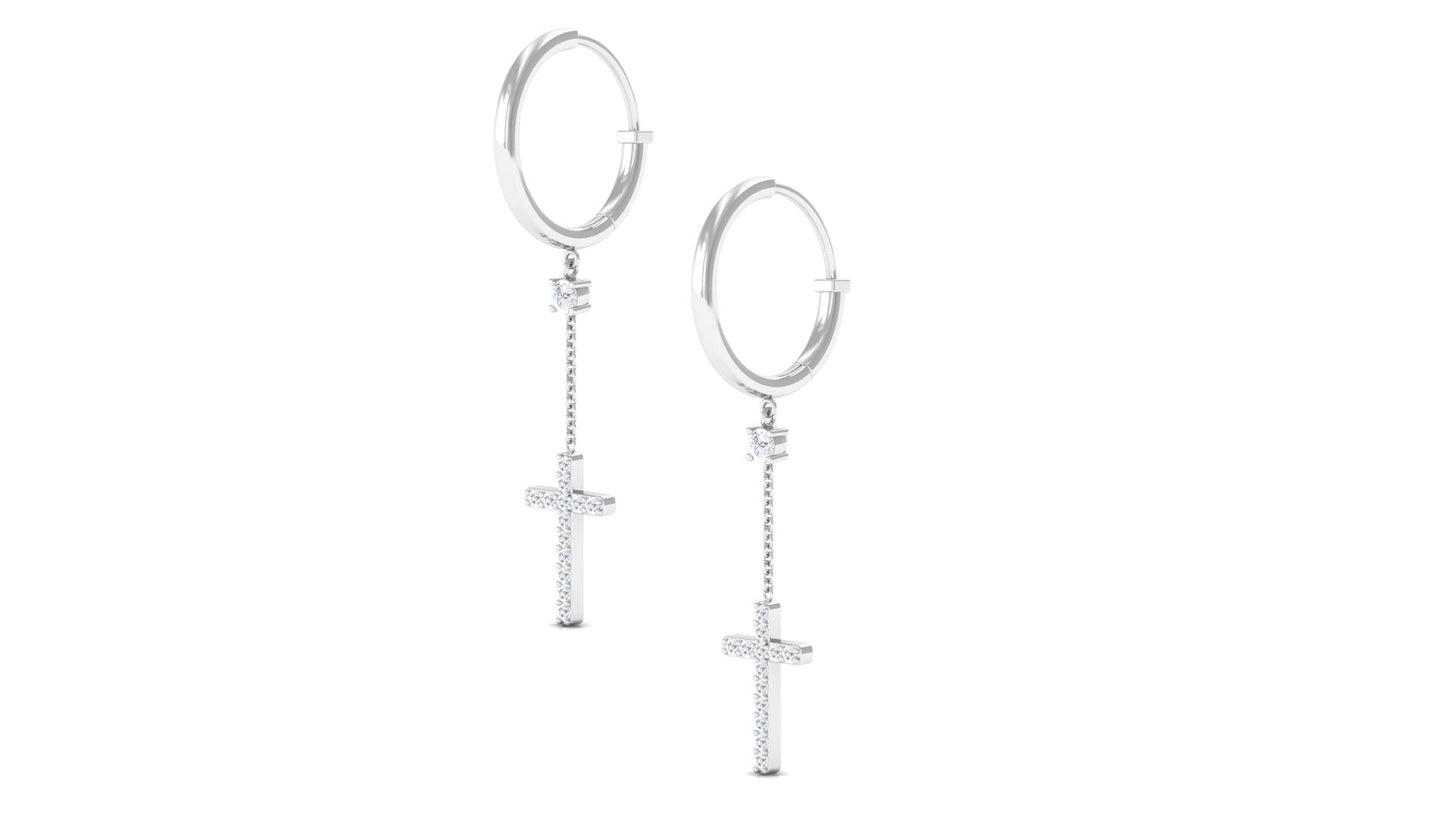 Genuine Diamond Cross Drop Earrings with Hinged Hoop