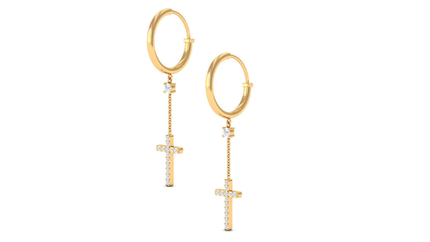 Genuine Diamond Cross Drop Earrings with Hinged Hoop