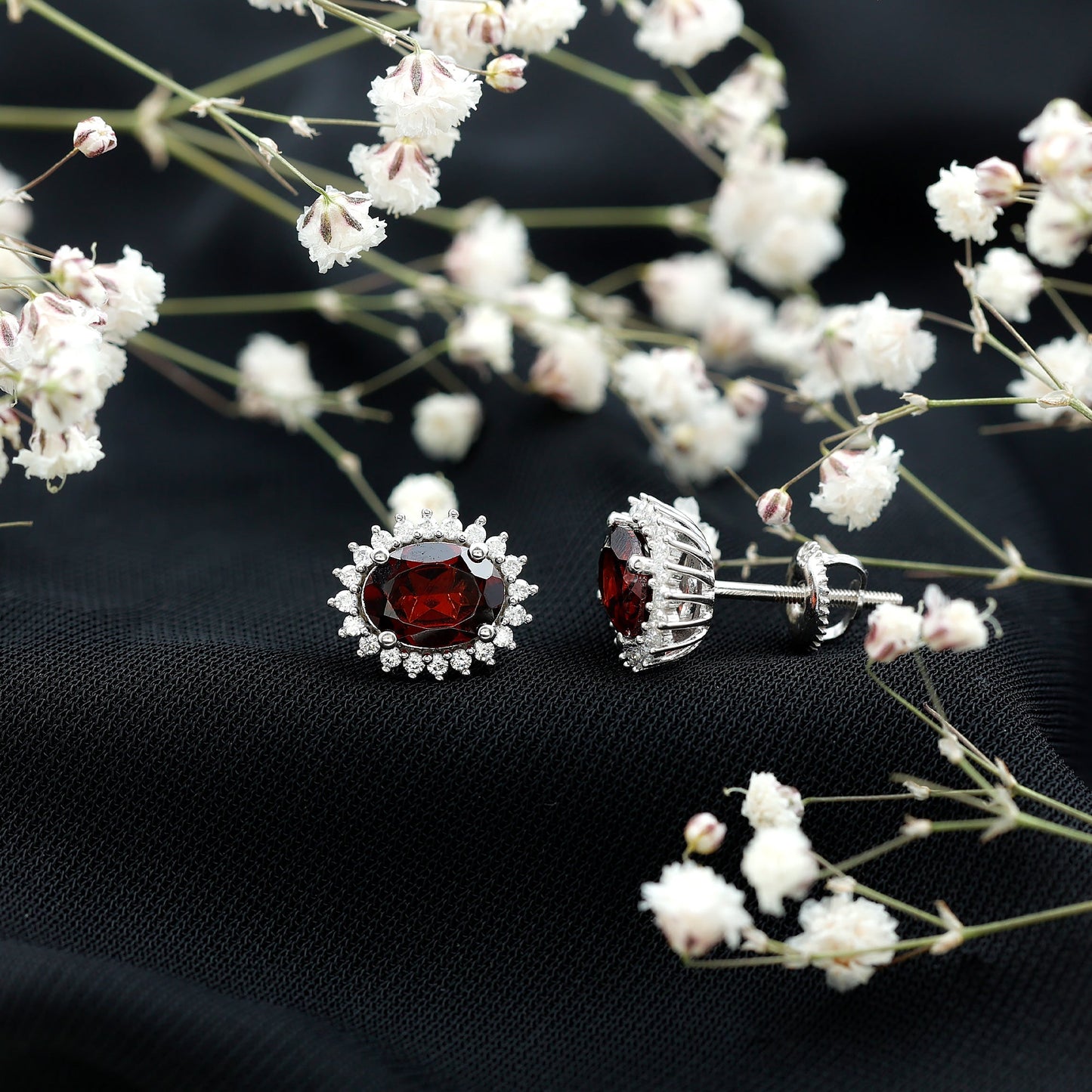 Sterling Silver 3 Carat Oval Garnet Stud Earrings with Moissanite Halo