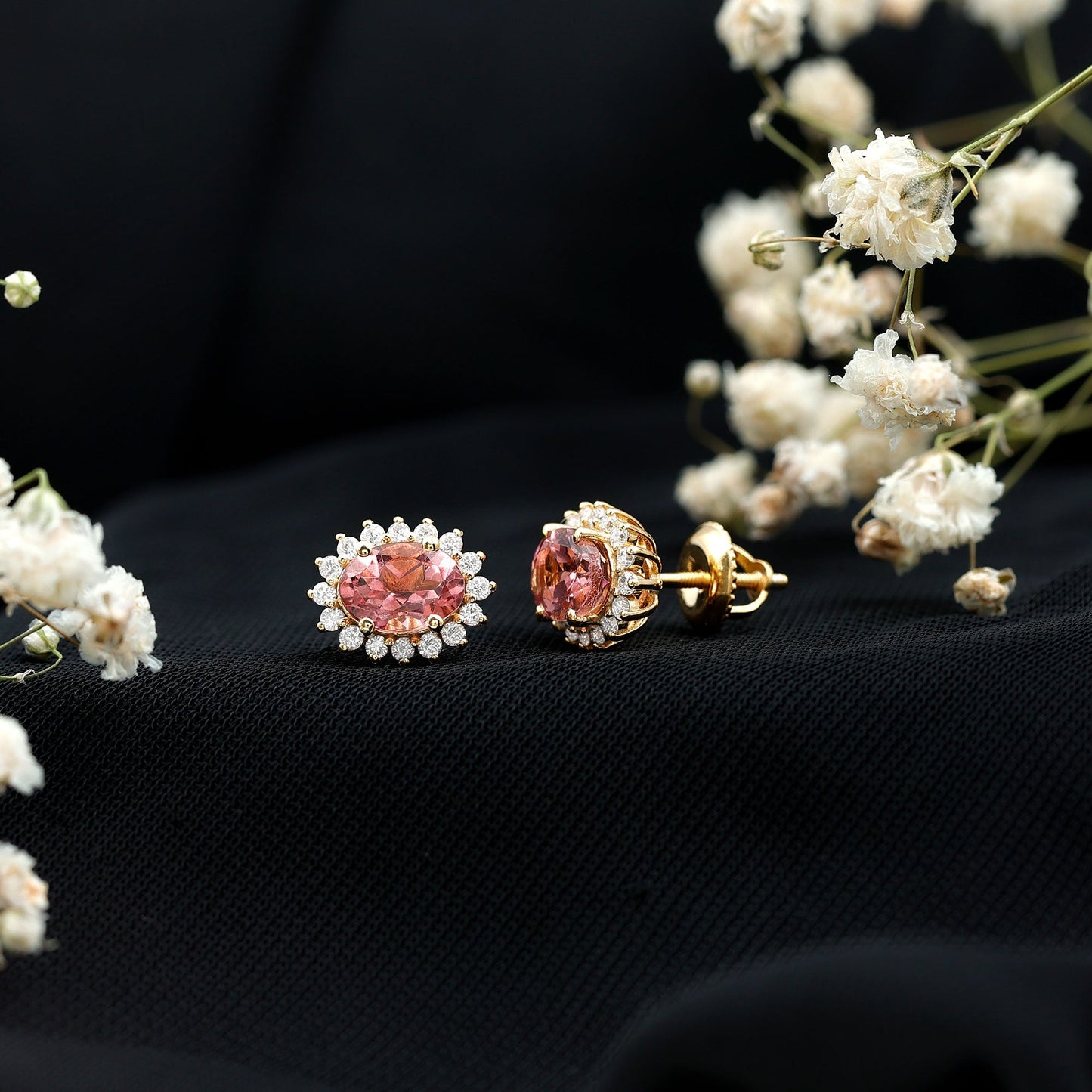 1.3 Carat Oval Pink Tourmaline Stud Earrings with Diamond Halo