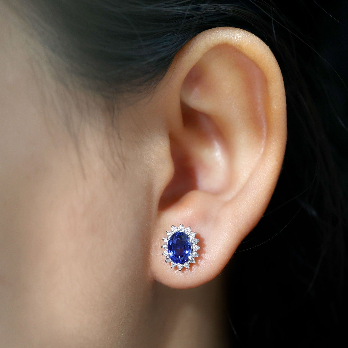 Lab Grown Blue Sapphire Princess Diana Inspired Stud Earrings in Silver