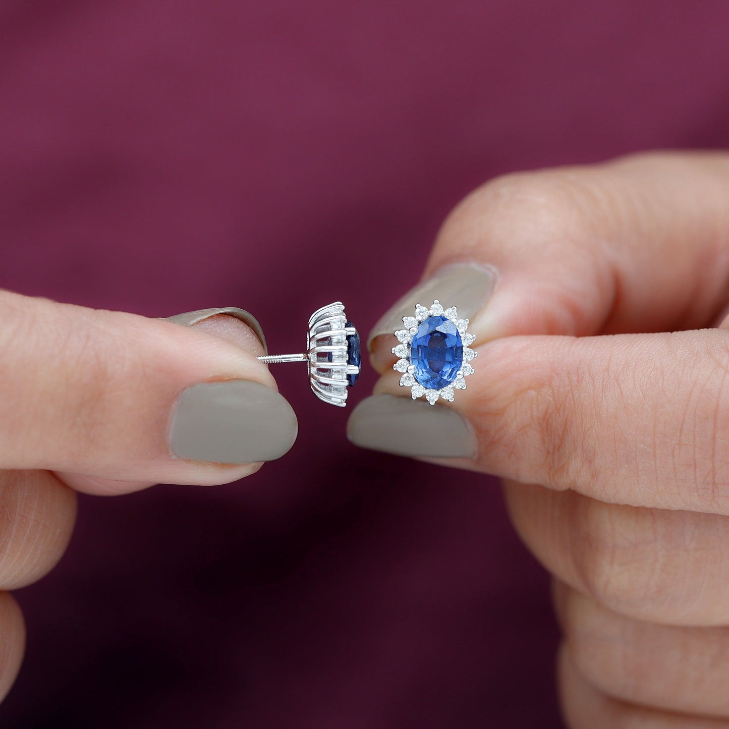 Lab Grown Blue Sapphire Princess Diana Inspired Stud Earrings in Silver