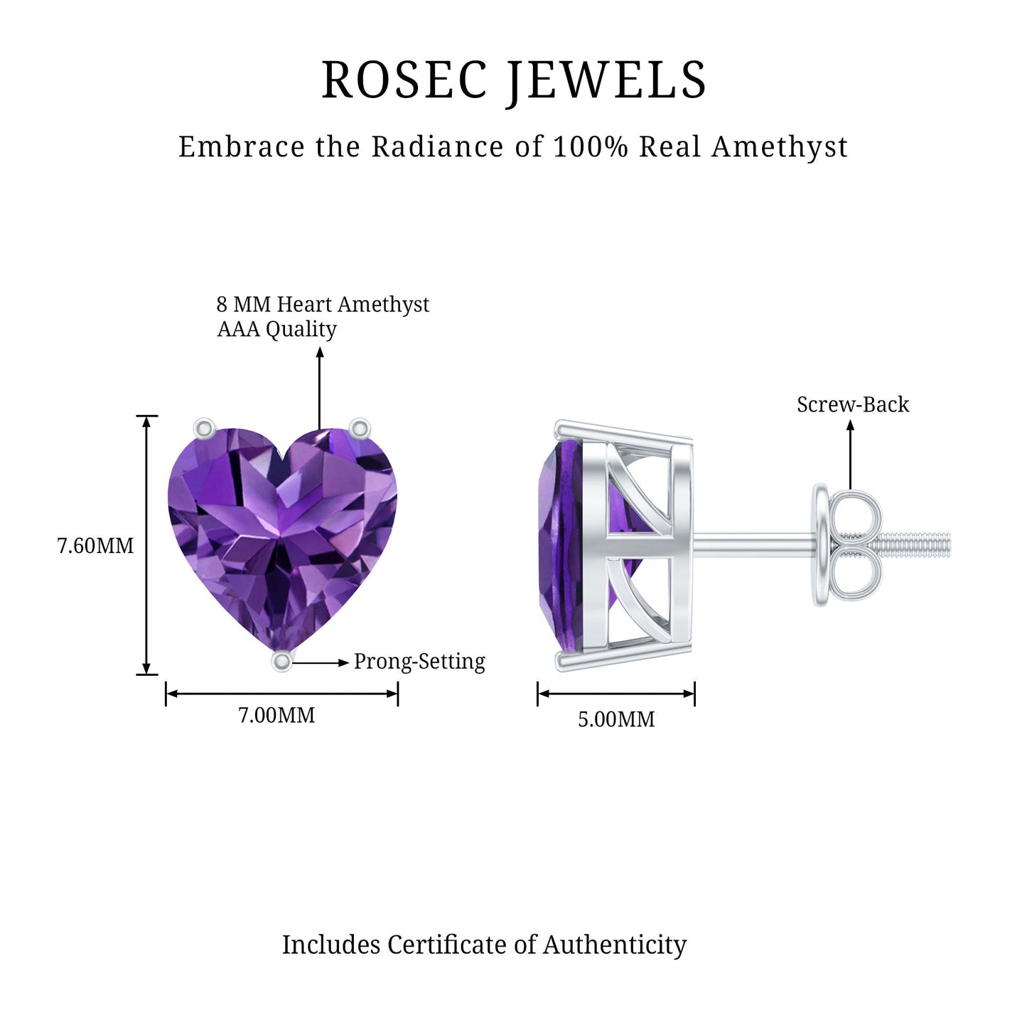 Heart Shape Amethyst Solitaire Stud Earrings for Her