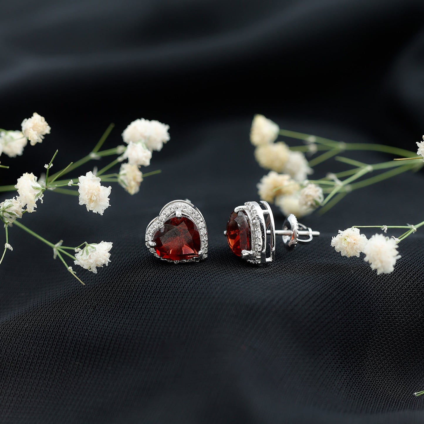 8 CT Heart Shape Garnet Stud Earrings with Diamond Halo