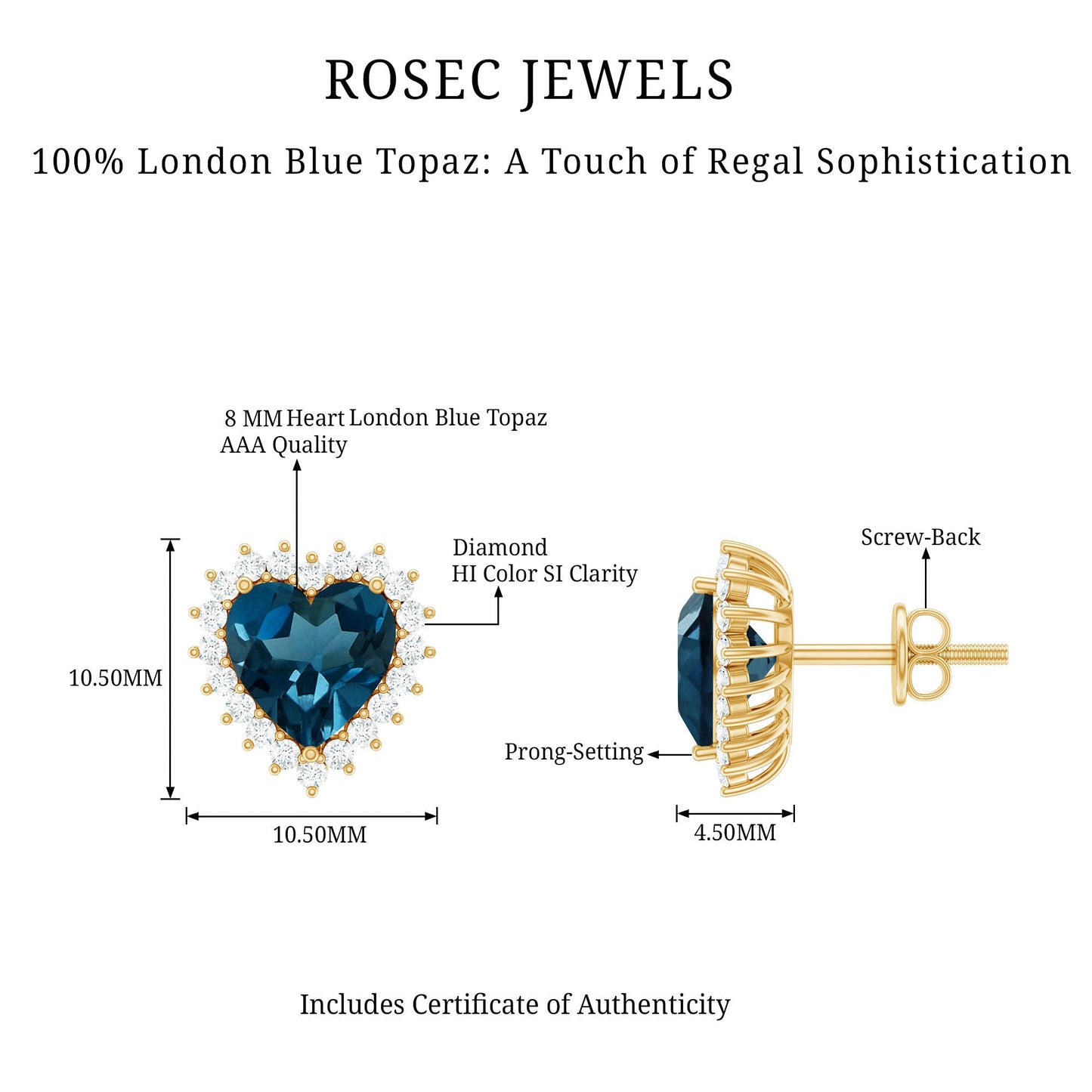 Heart Shape London Blue Topaz and Diamond Stud Earrings