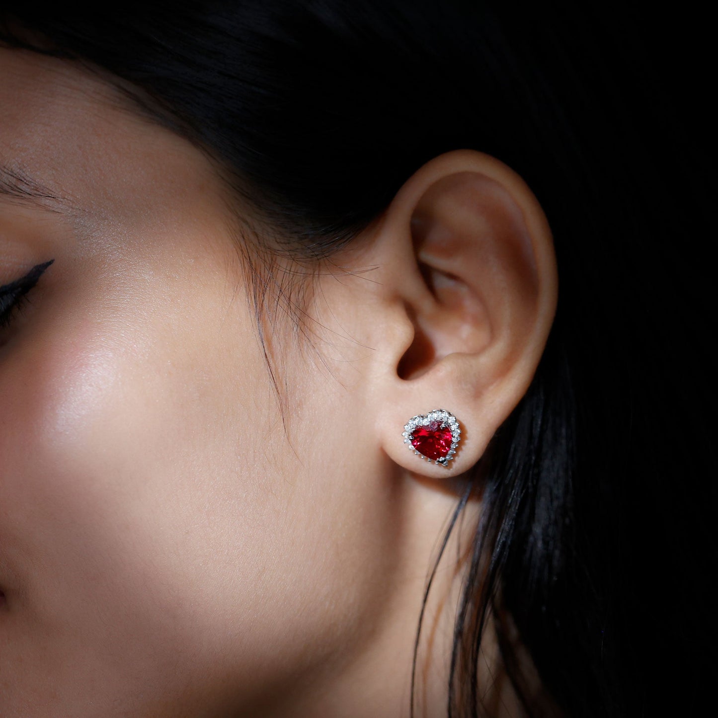 Lab Created Ruby Heart Studs with Diamond Halo