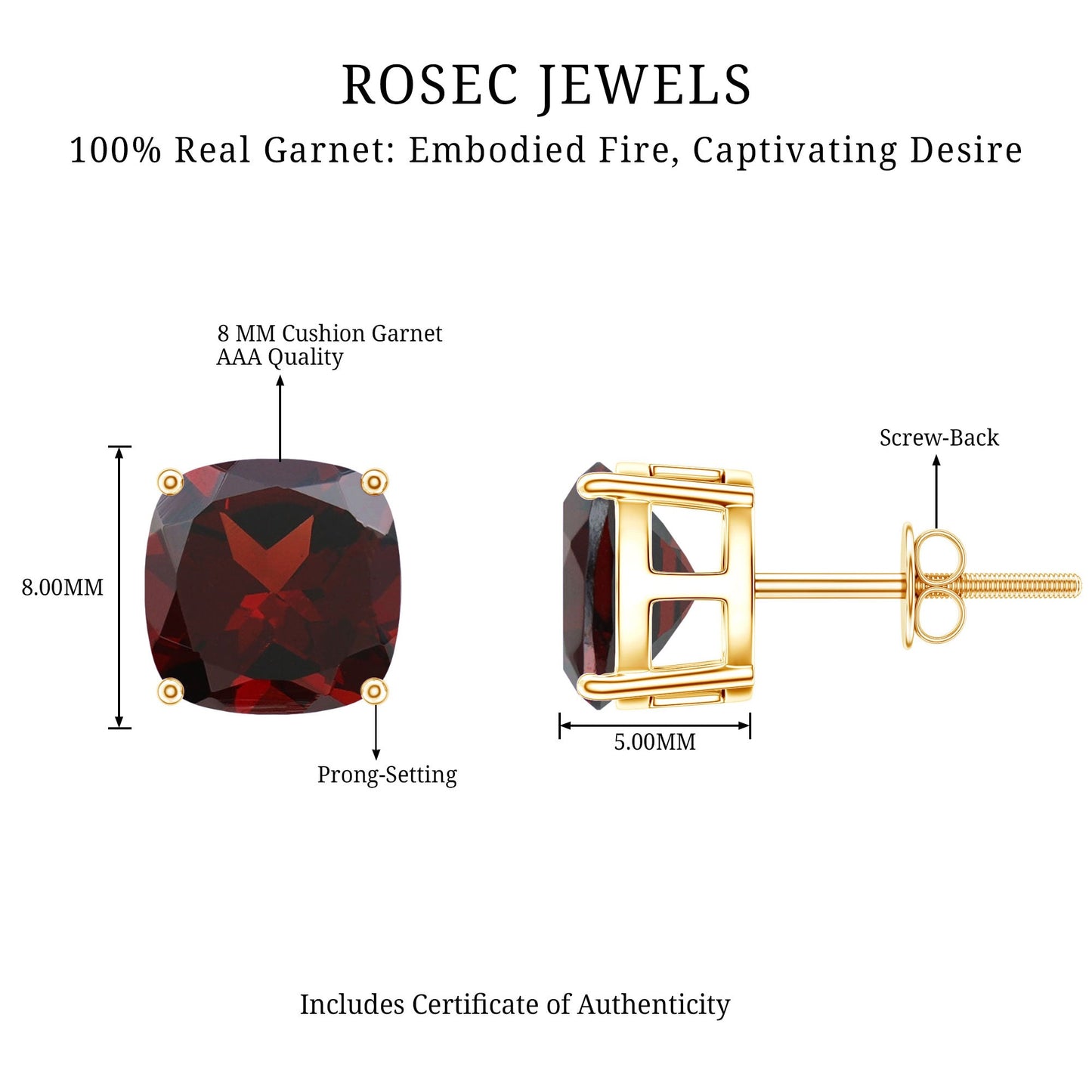 8MM Cushion Cut Garnet Solitaire Stud Earrings