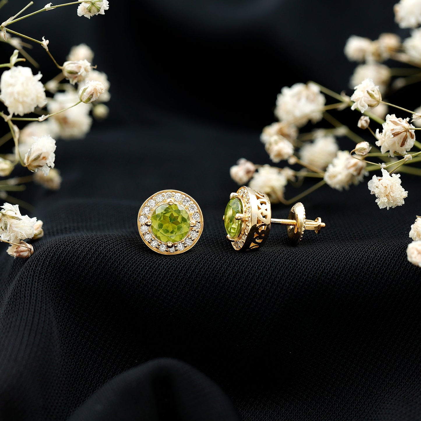 Natural 1.5 Carat Peridot Stud Earrings with Diamond Halo