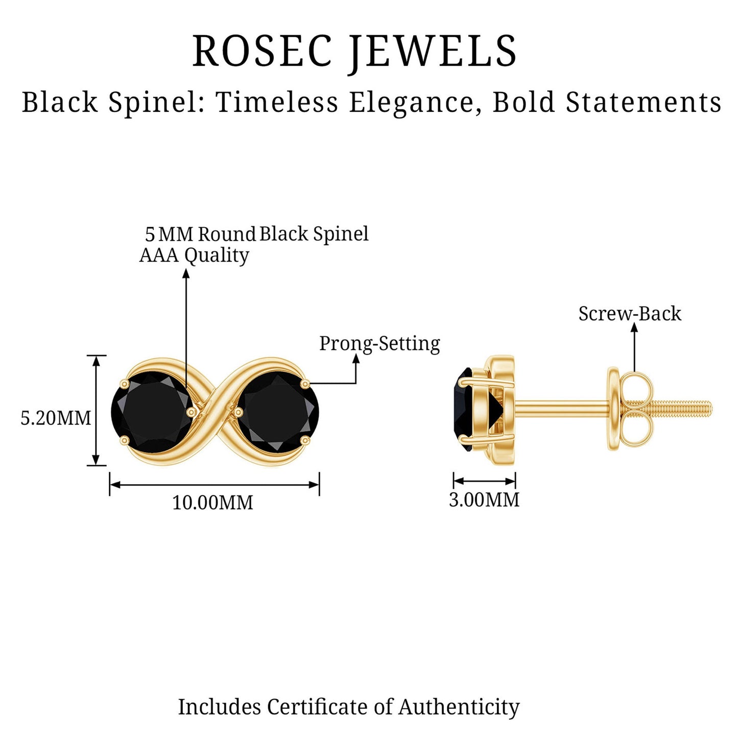 Genuine Black Spinel Two Stone Infinity Stud Earrings