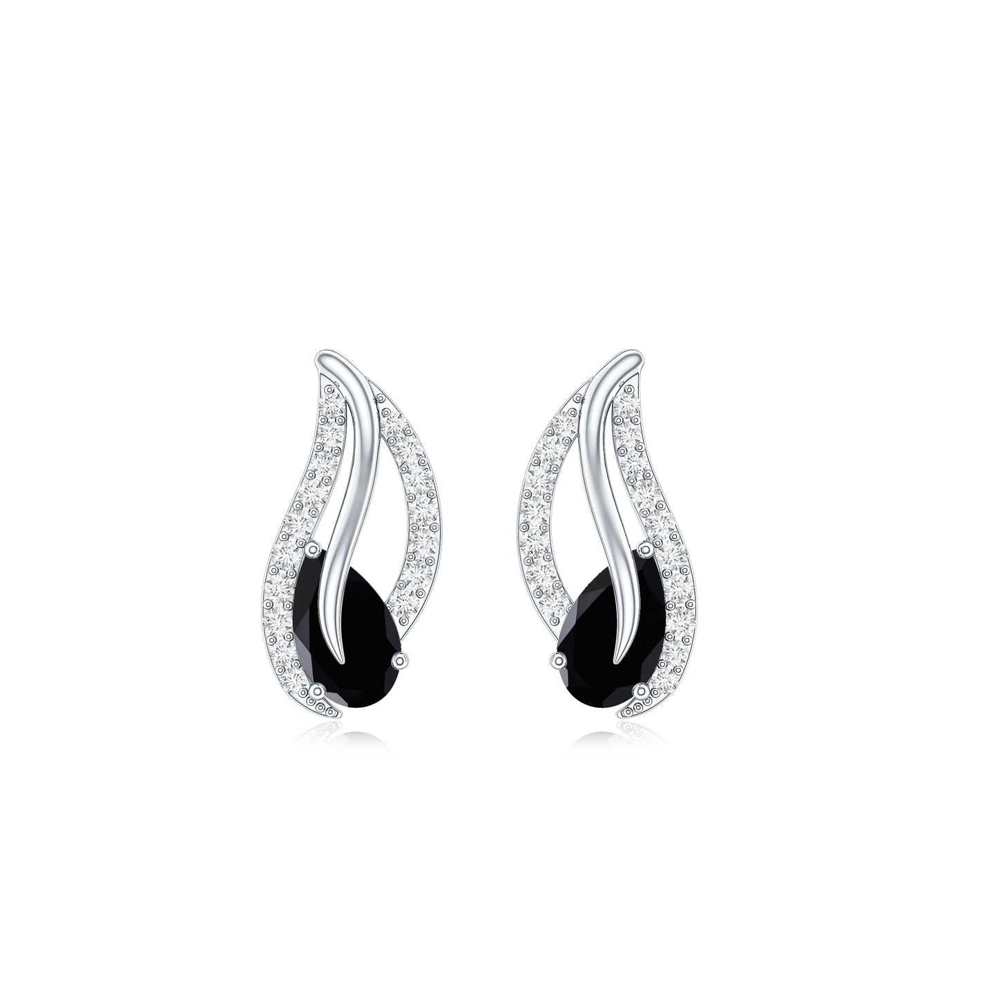 Pear Shape Black Spinel and Diamond Leaf Stud Earrings