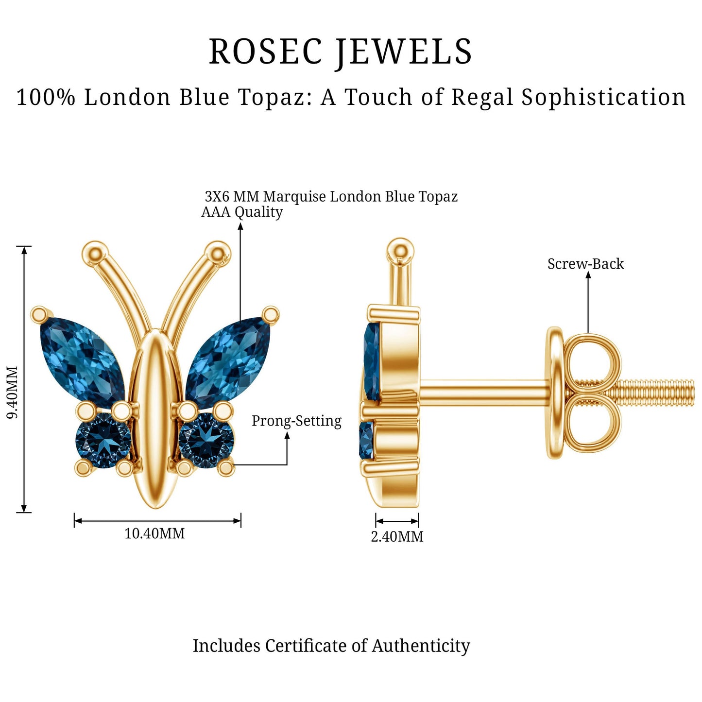 Butterfly Stud Earrings with London Blue Topaz