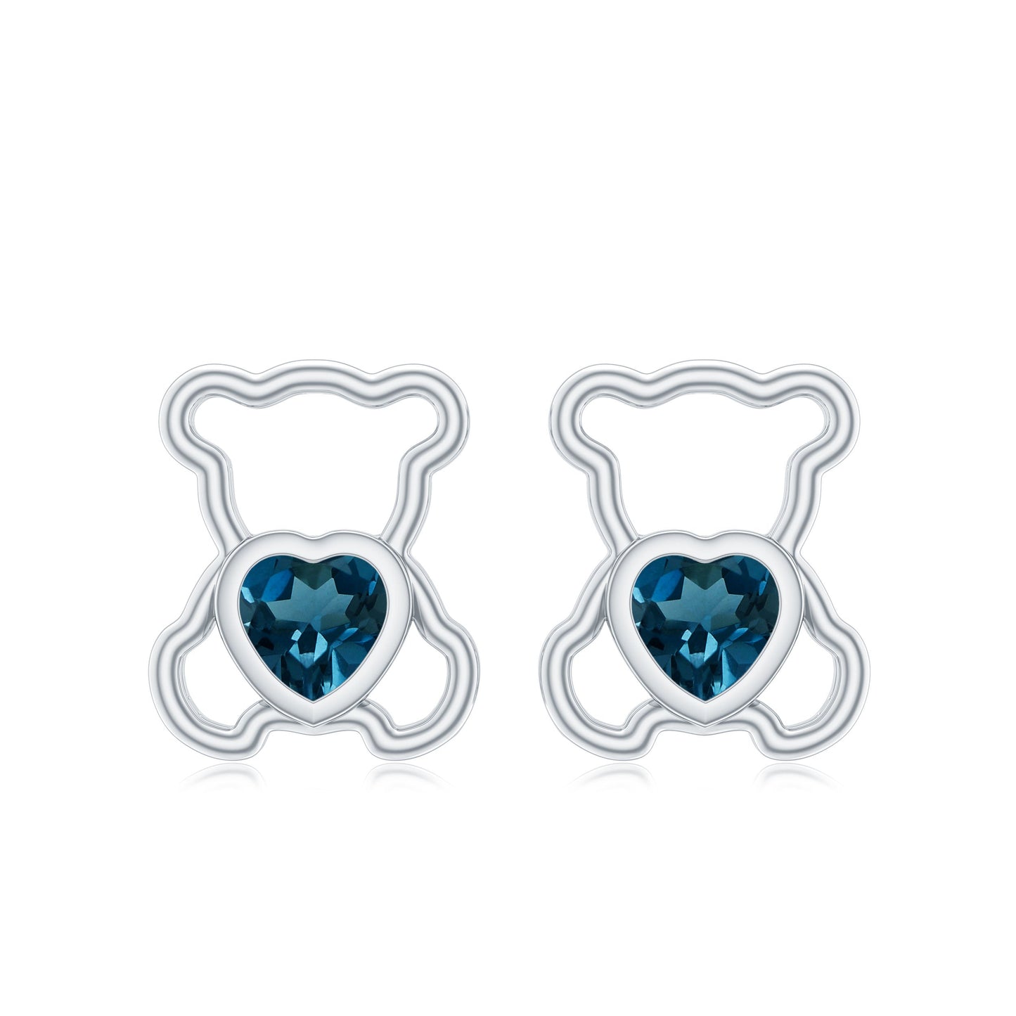 1/2 CT Heart Shape London Blue Topaz Teddy Bear Earrings
