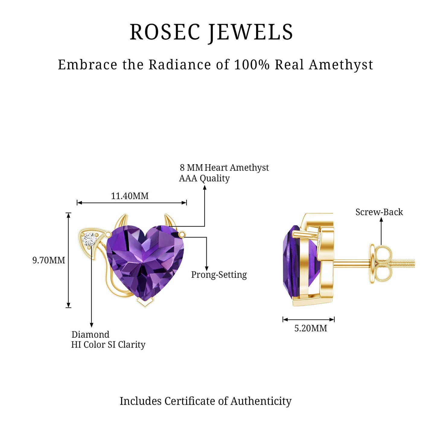Heart Shape Amethyst and Diamond Gothic Stud Earrings