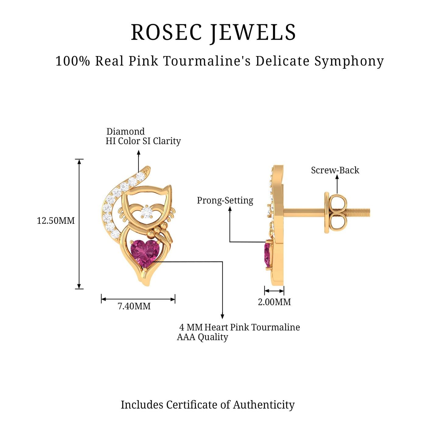 Heart Shape Pink Tourmaline and Diamond Cat Stud Earring
