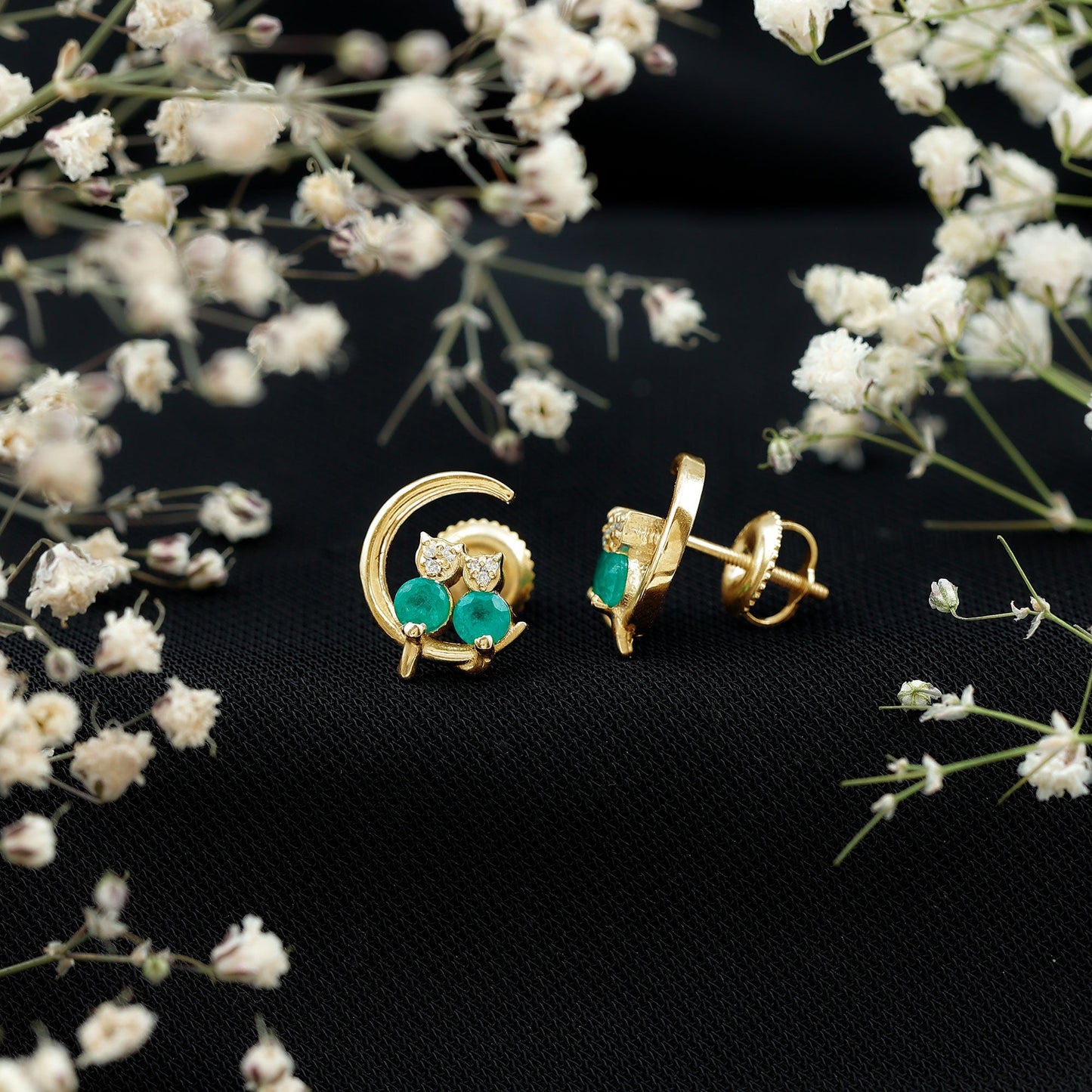 Genuine Emerald and Diamond Cat and Moon Stud Earrings