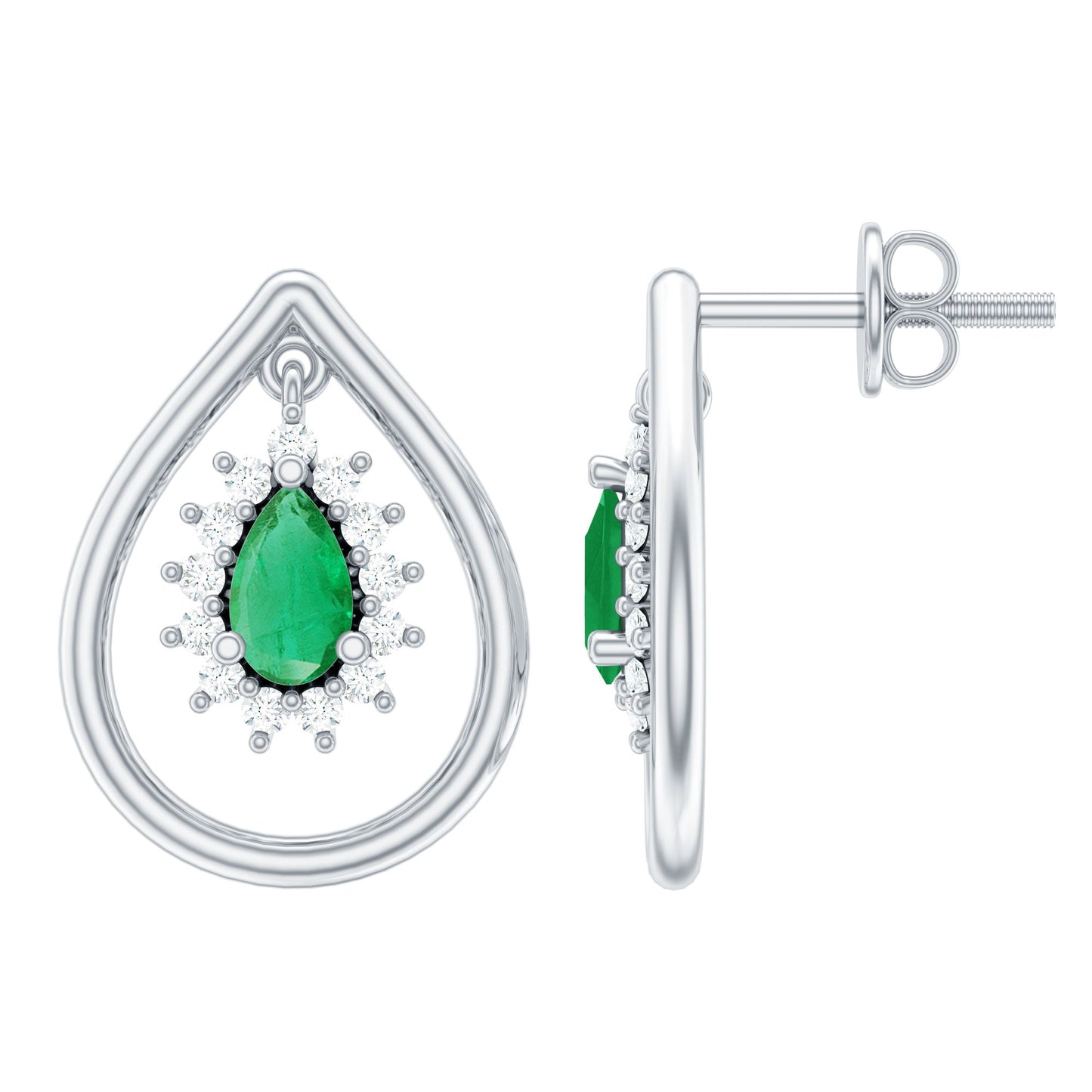 Real Emerald Teardrop Stud Earrings with Diamond Halo
