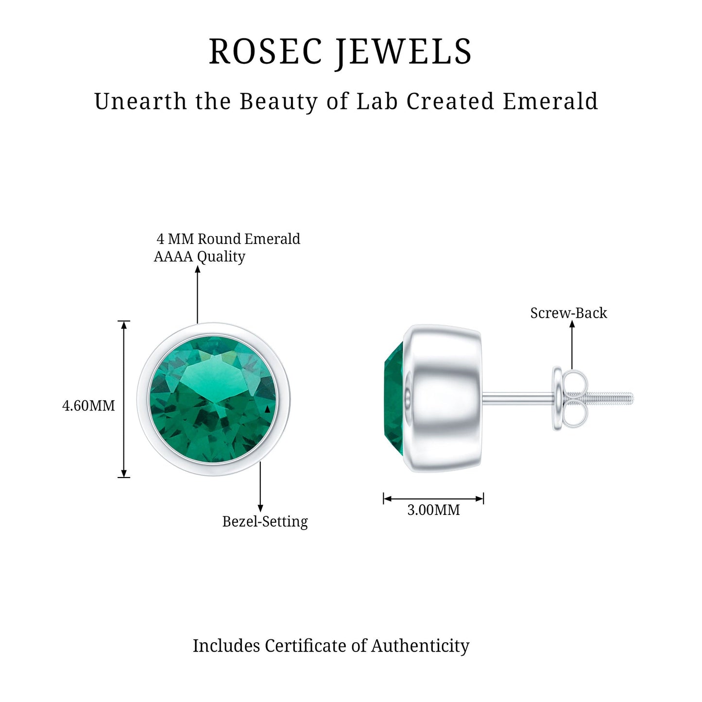 Certified Lab Created Emerald Stud Earrings in Bezel Setting