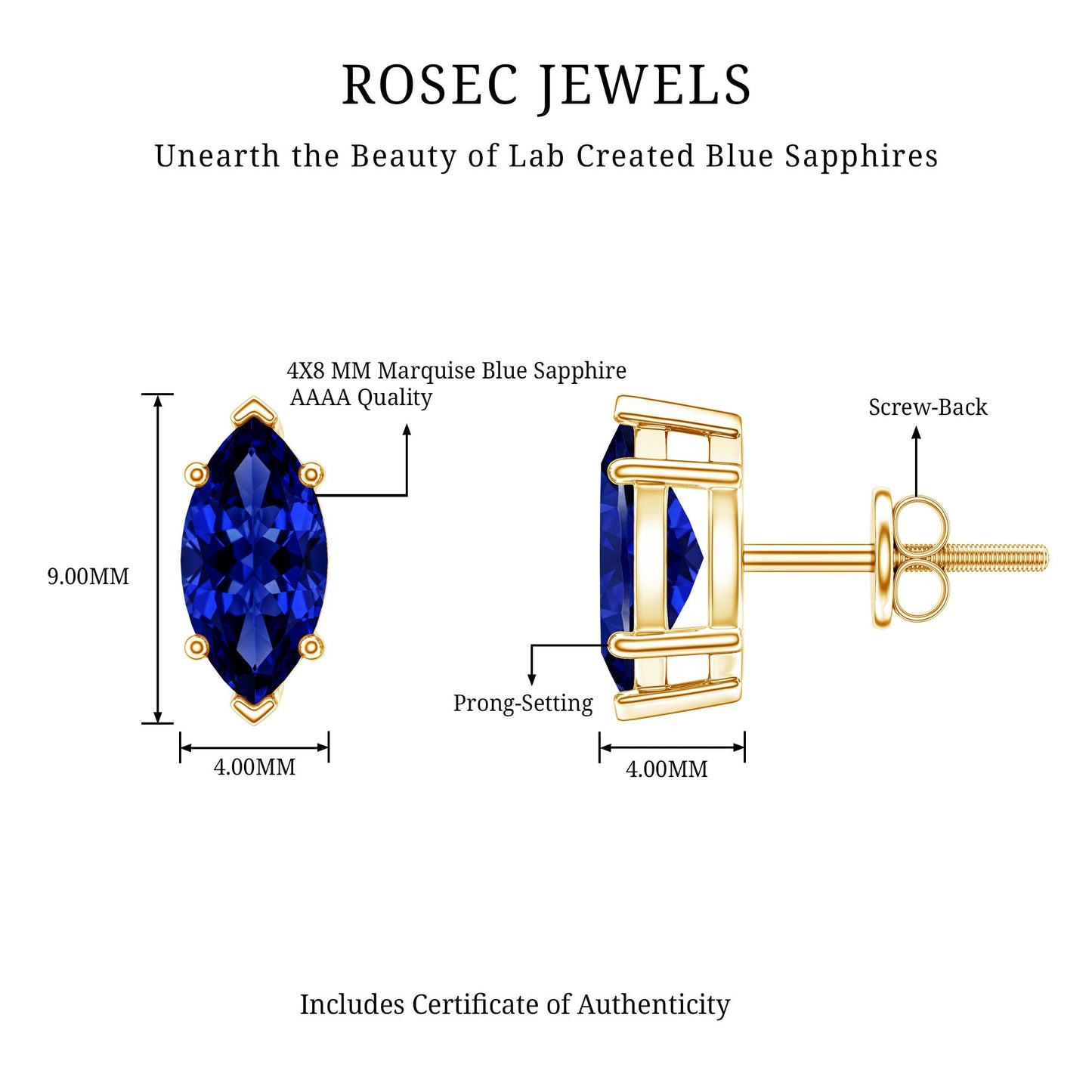 1.5 Carat Marquise Lab Created Blue Sapphire Stud Earrings