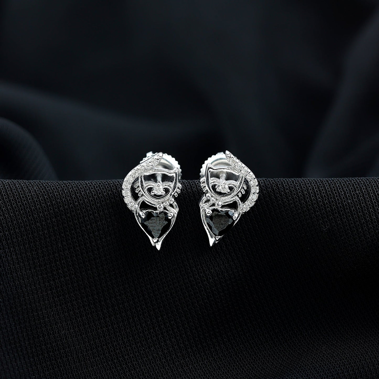 Heart Shape Black Onyx and Diamond Cat Stud Earrings
