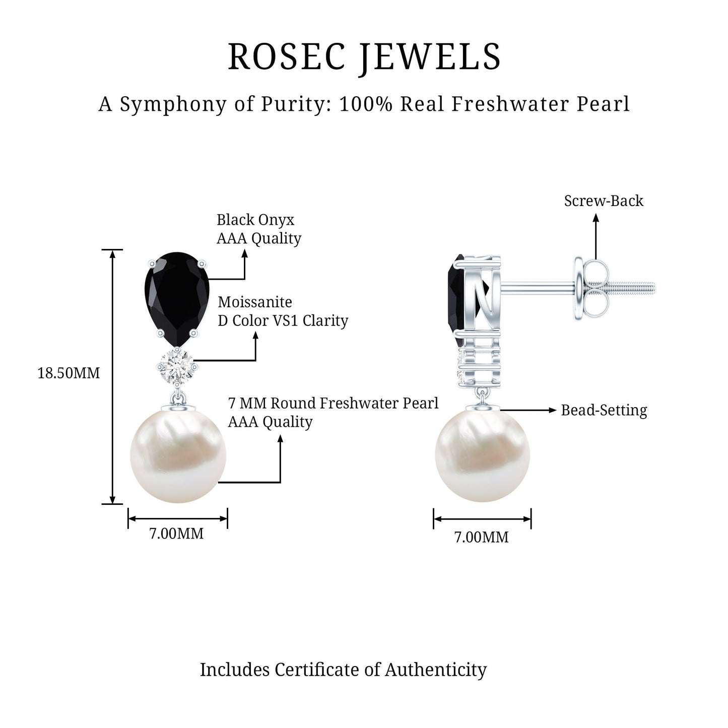 Natural Elegant Pearl Dangle Earrings with Black Onyx