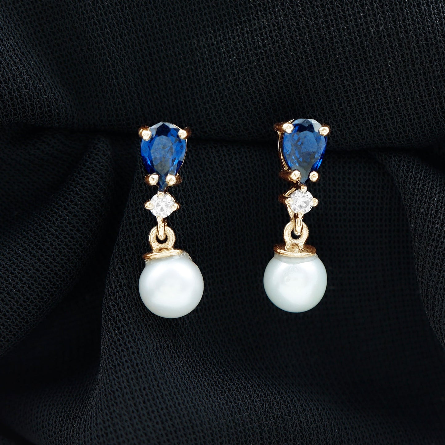 Natural 4 Carat Freshwater Pearl Drop Dangle Earrings with Lab Blue Sapphire