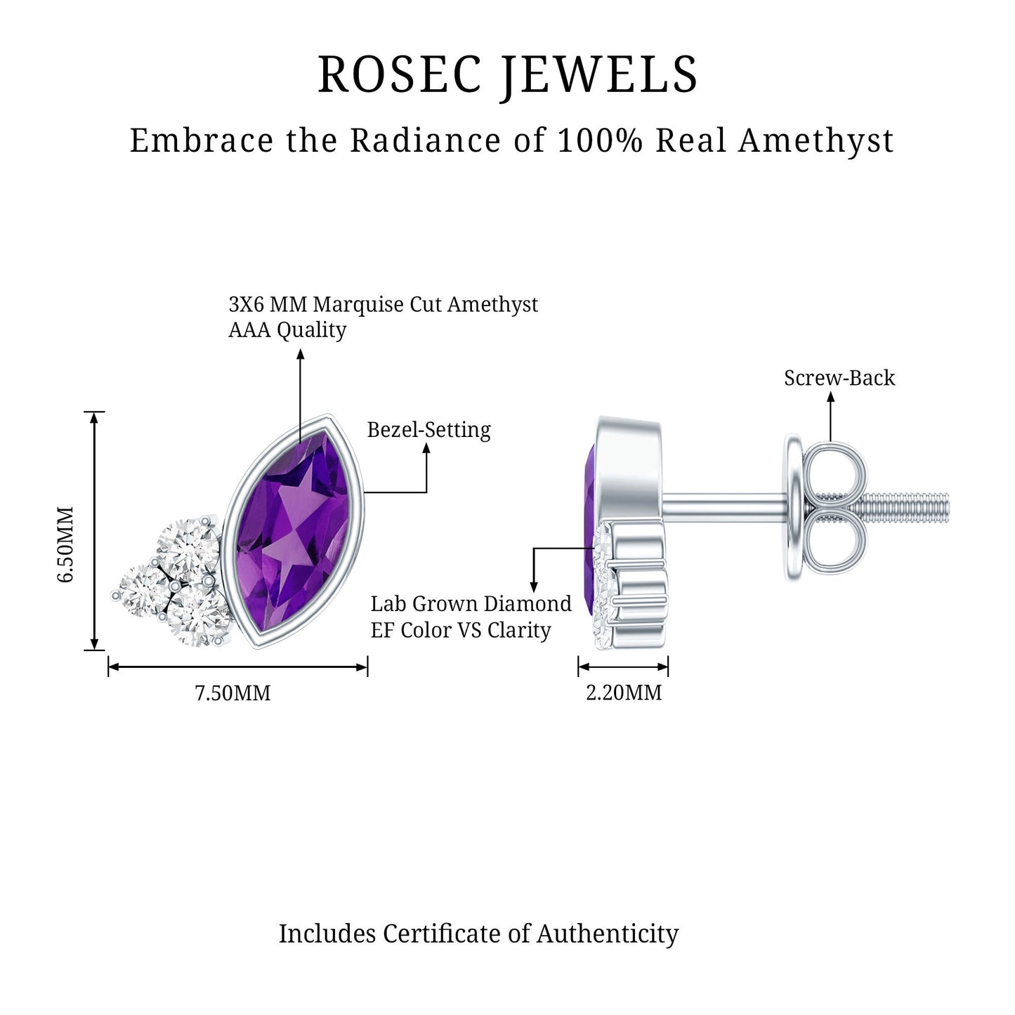 Marquise Cut Amethyst Stud Earrings with Lab Diamond in Sterling Silver
