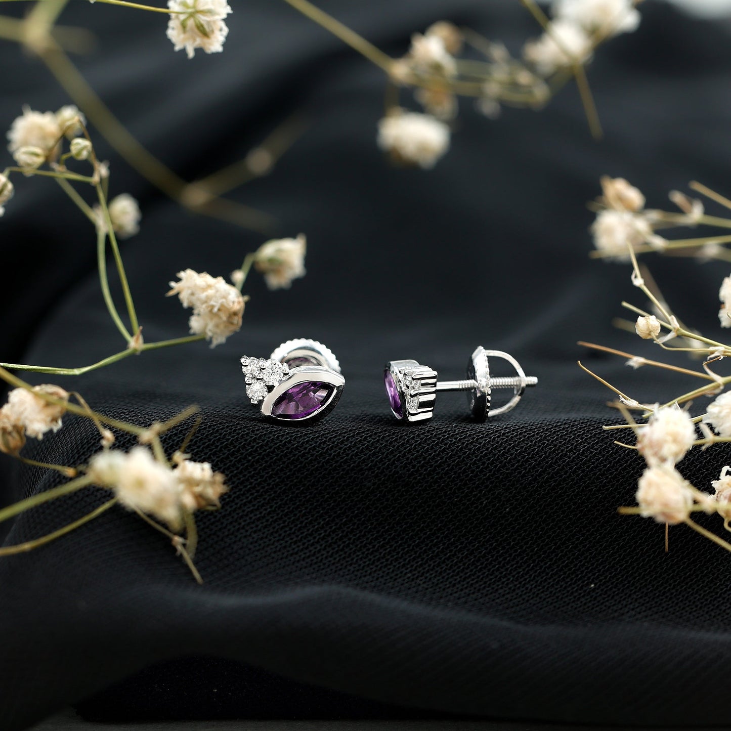 Marquise Cut Amethyst Stud Earrings with Lab Diamond in Sterling Silver