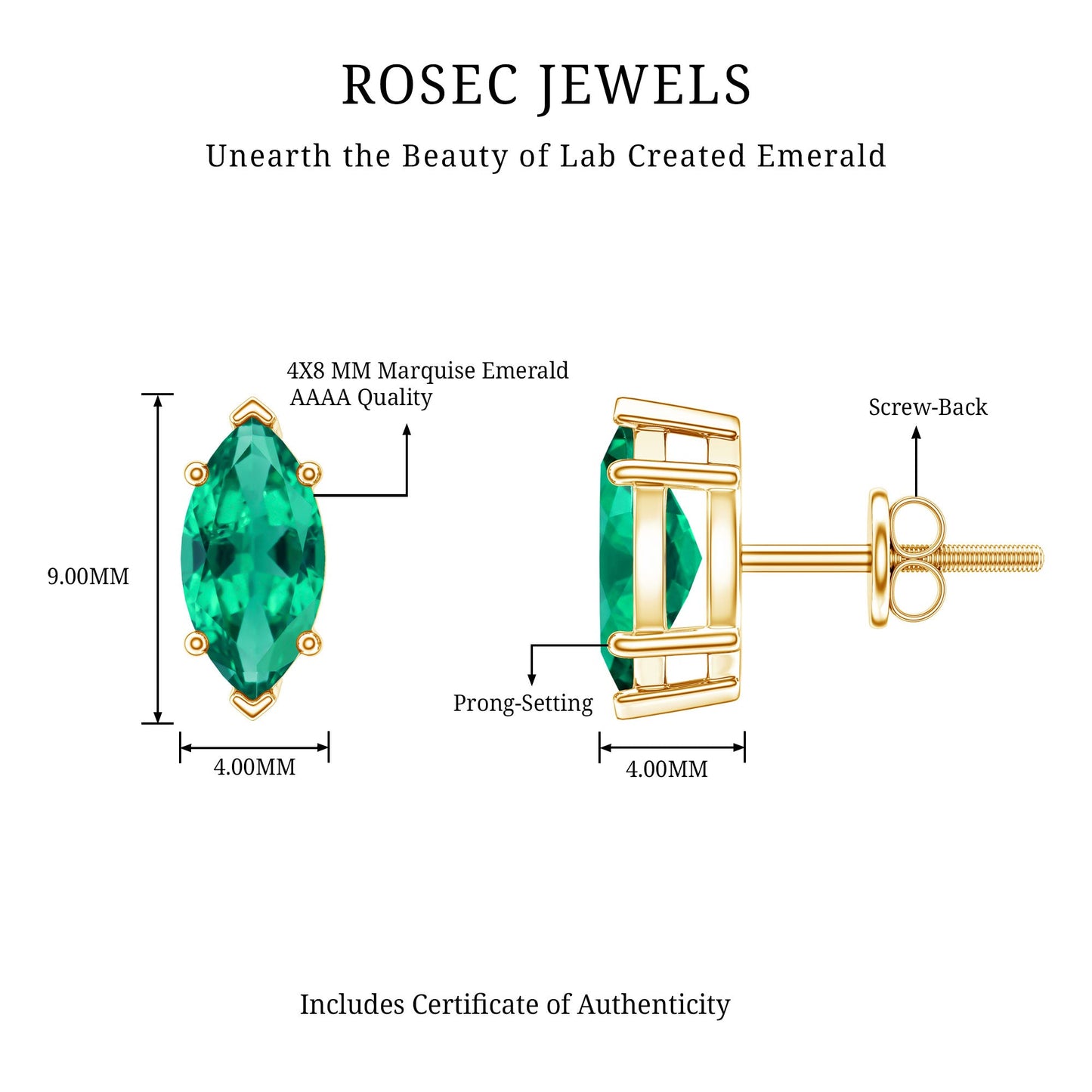 Marquise Cut 1.2 Carat Lab Created Emerald Solitaire Stud Earrings