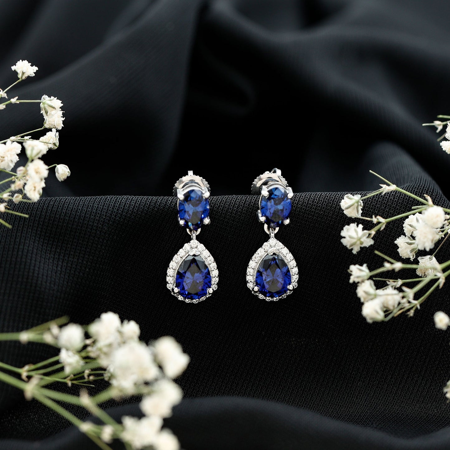 Lab Grown Blue Sapphire Bridal Dangle Earrings with Moissanite
