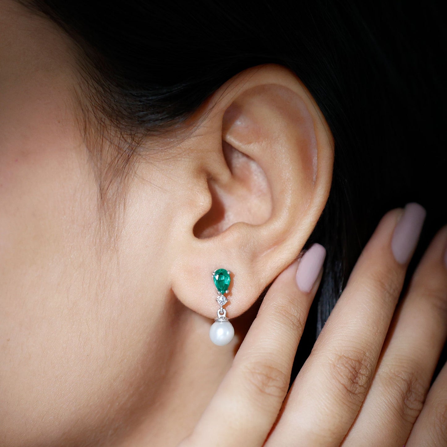 Freshwater Pearl Drop Dangle Earrings With Created Emerald