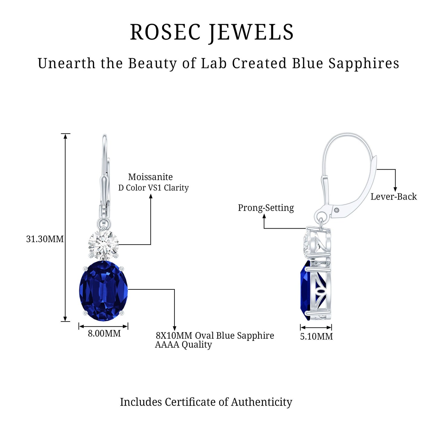 Lab Grown Blue Sapphire Drop Hoop Earrings with Moissanite