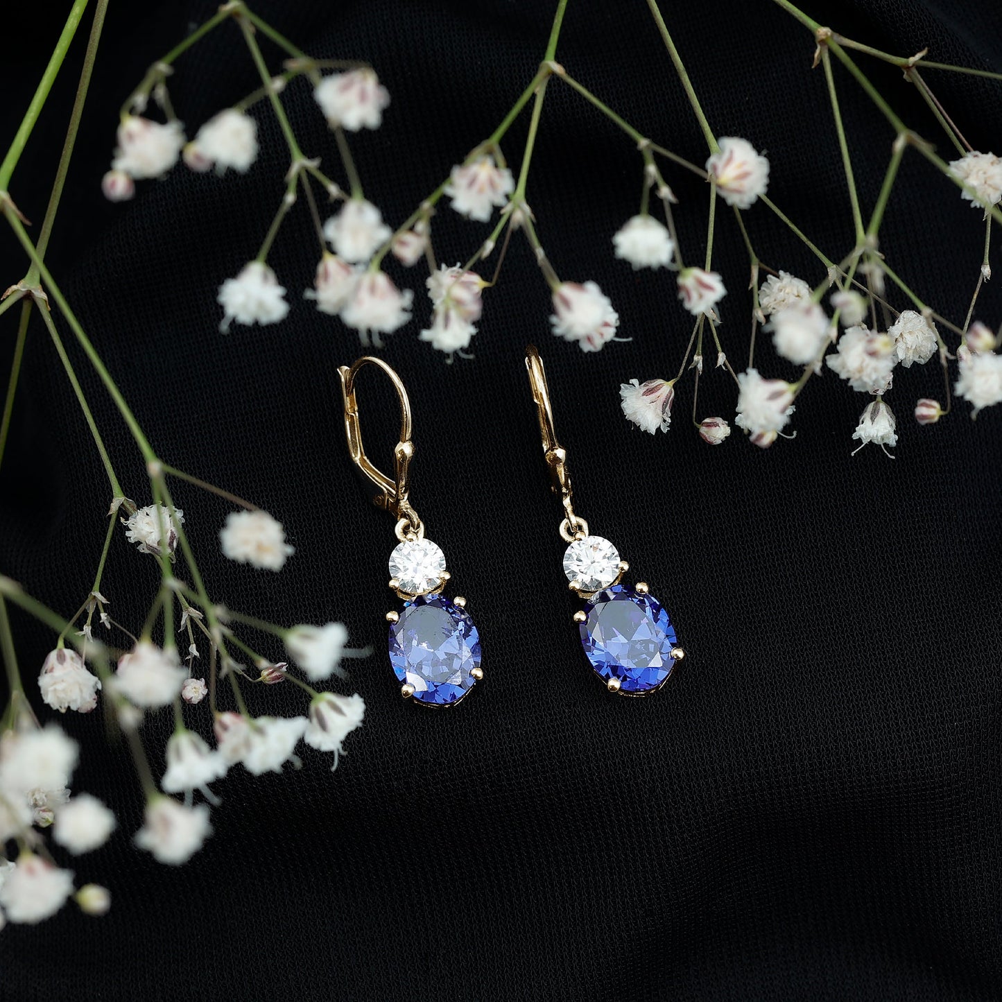 Certified Lab Grown Blue Sapphire and Moissanite Drop Dangle Earrings