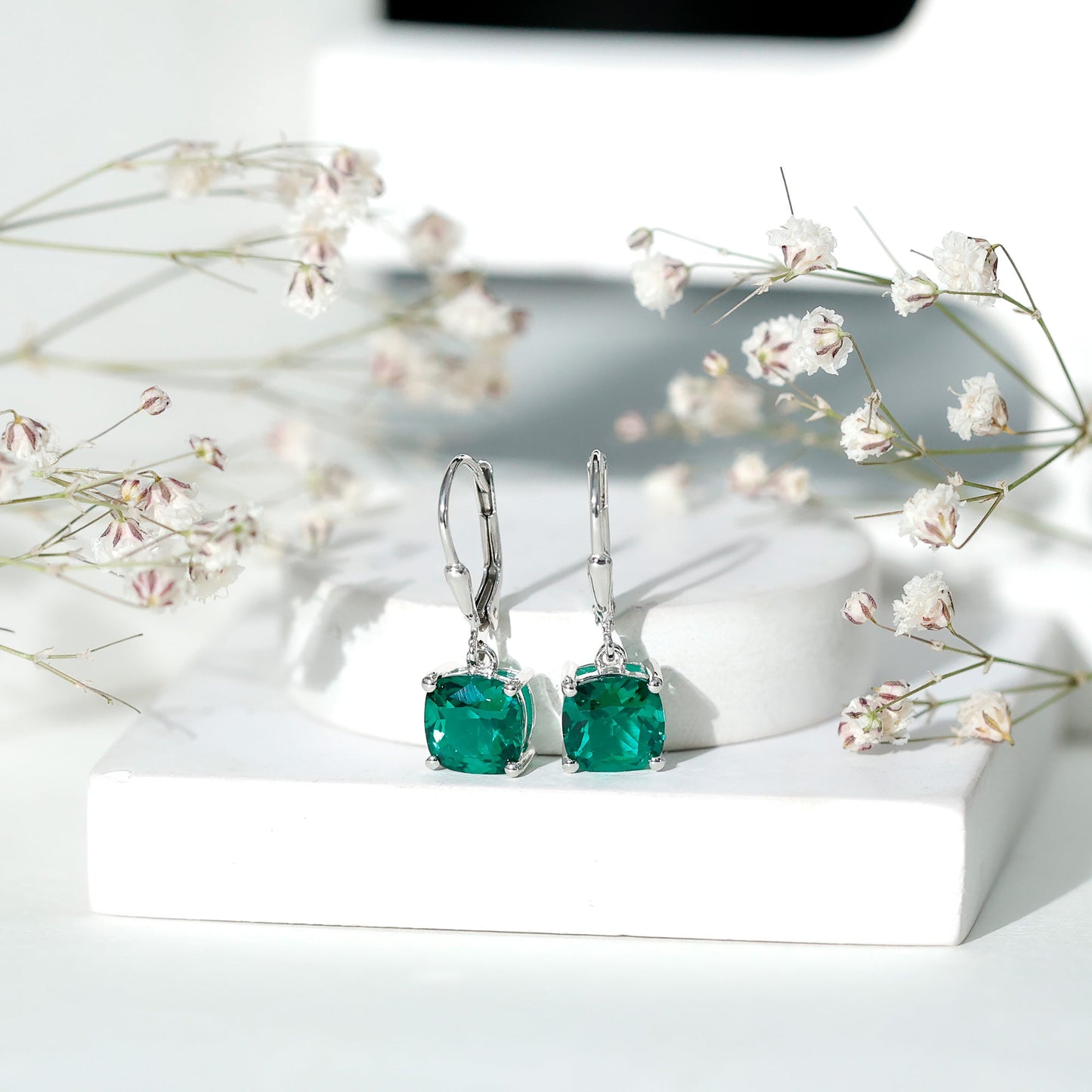 Cushion Cut Lab Created Emerald Dangle Hoop Earrings