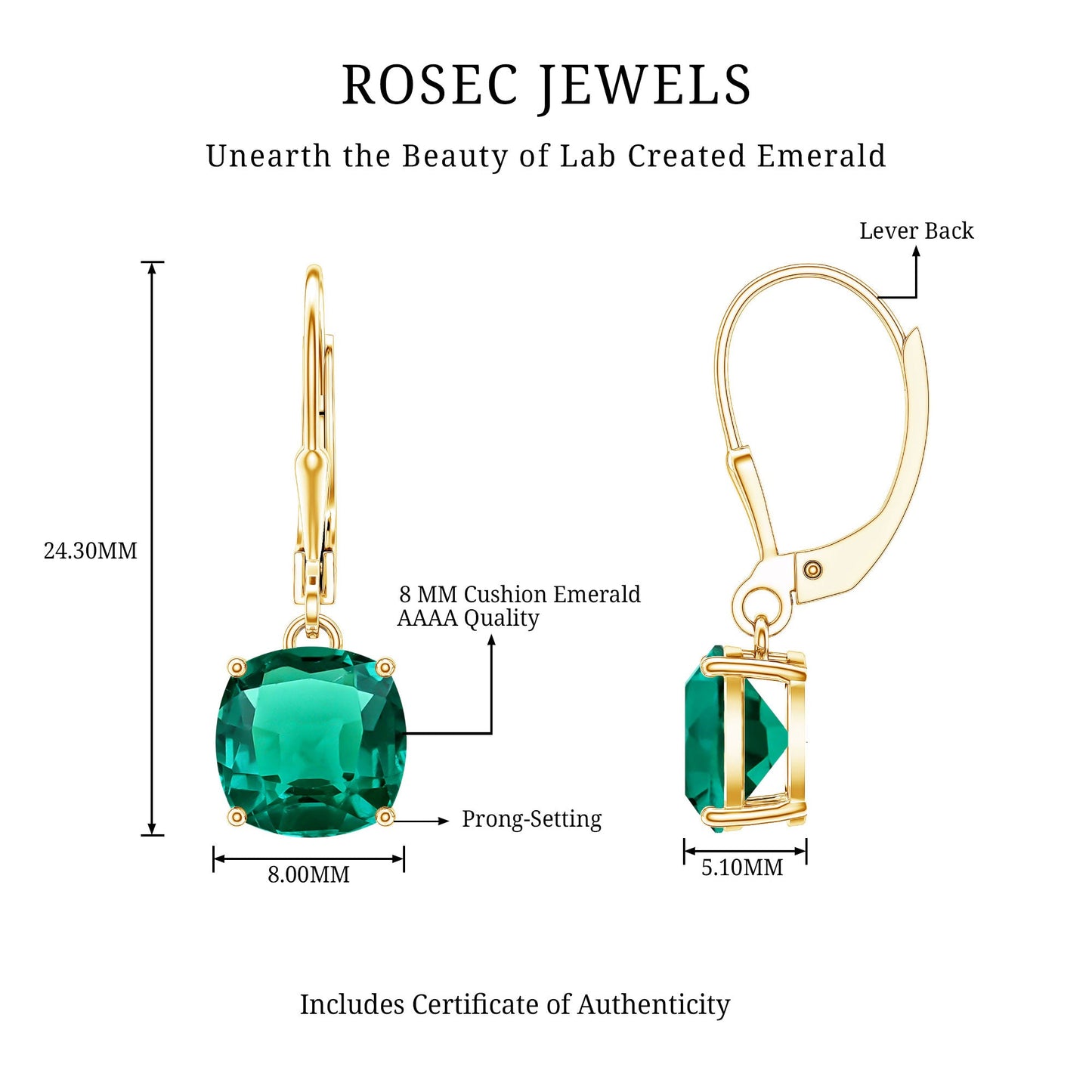 Cushion Cut Lab Created Emerald Dangle Hoop Earrings