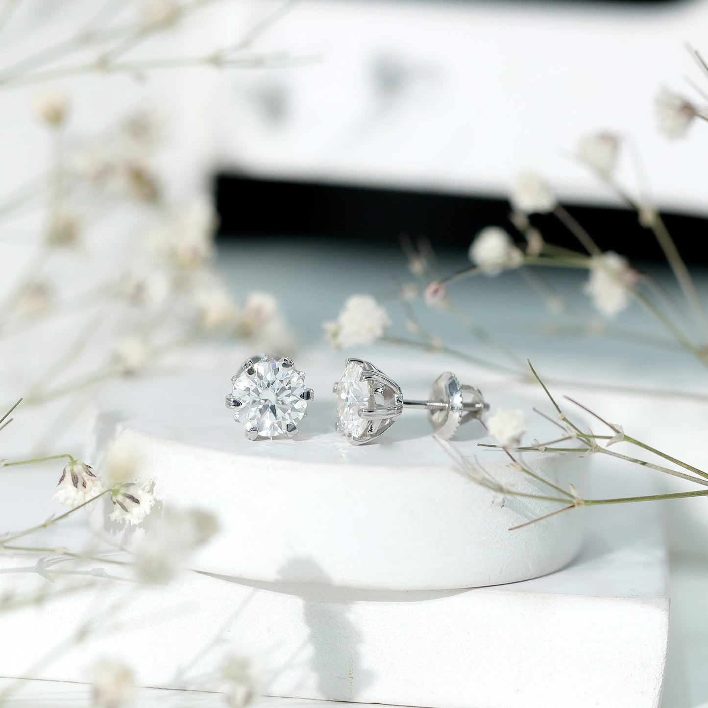 Brilliant Cut Moissanite Solitaire Stud Earrings in Decorative Setting