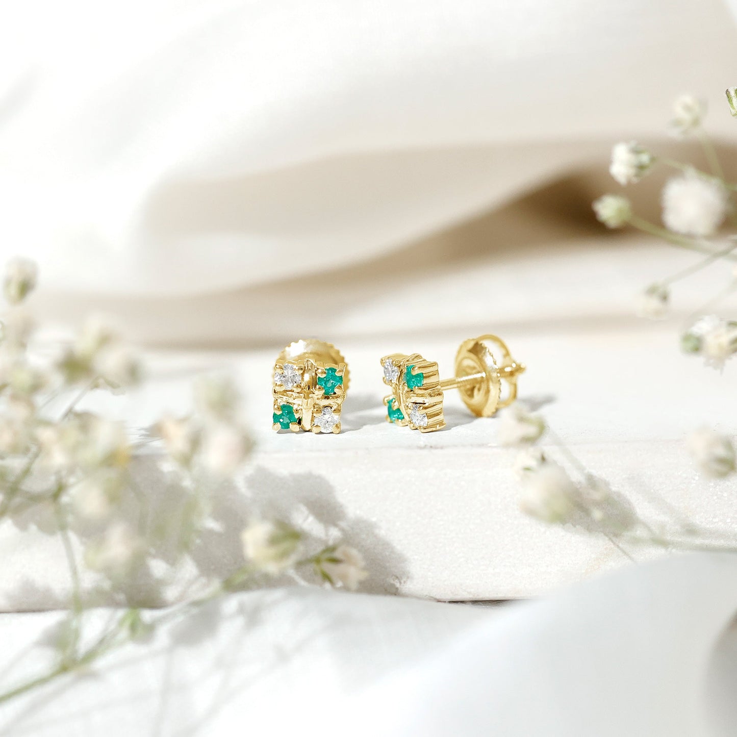 Certified Emerald and Lab Diamond Cluster Stud Earrings