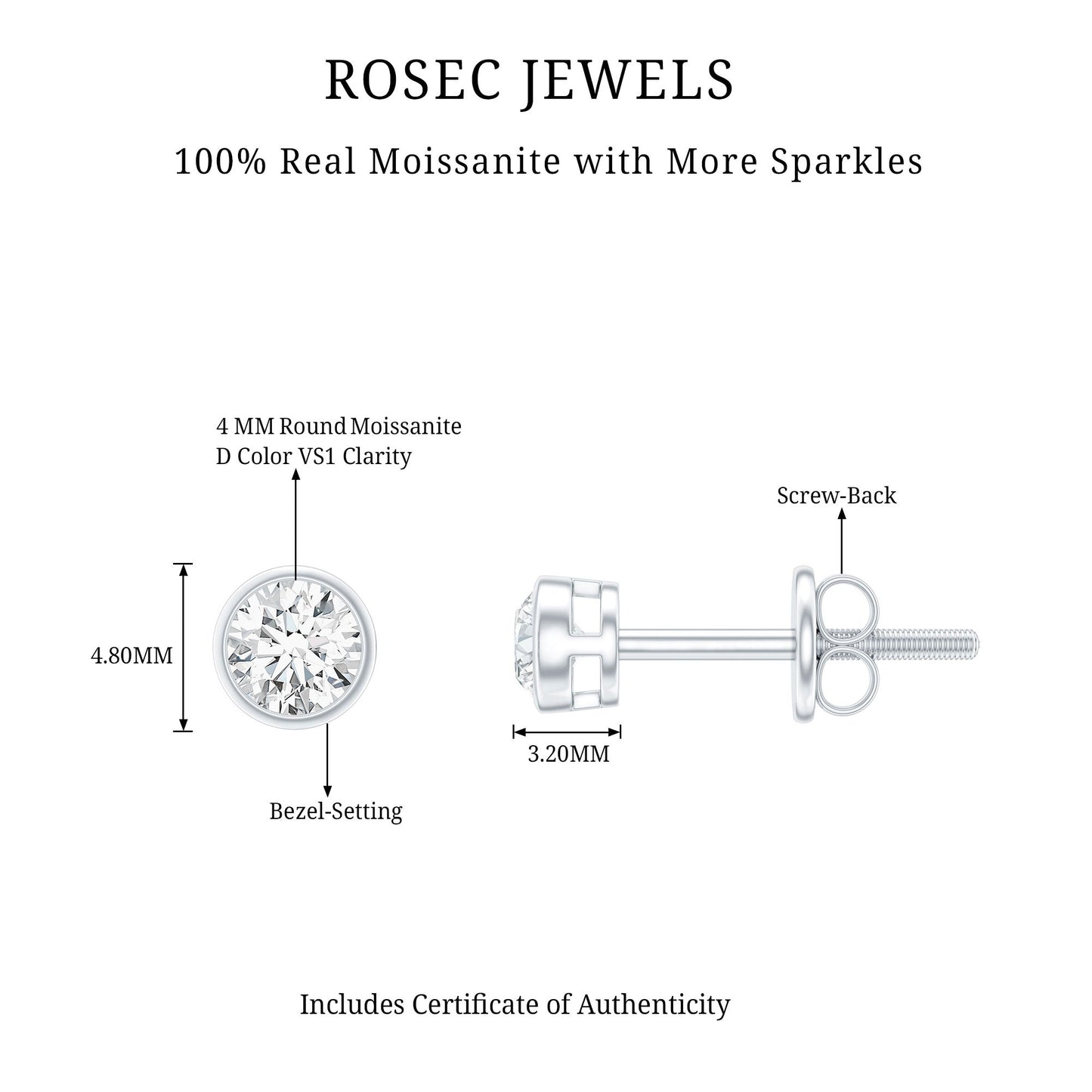 Dainty Solitaire Moissanite Stud Earrings in Bezel Setting