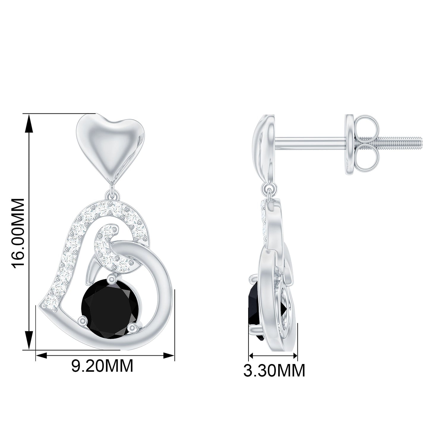 Heart Drop Earring with Black Spinel and Diamond Accent