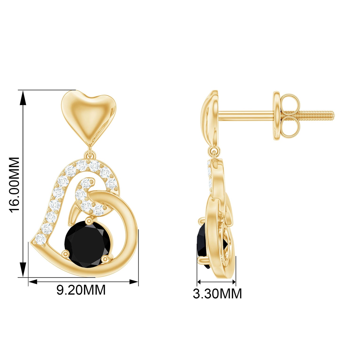 Heart Drop Earring with Black Spinel and Diamond Accent