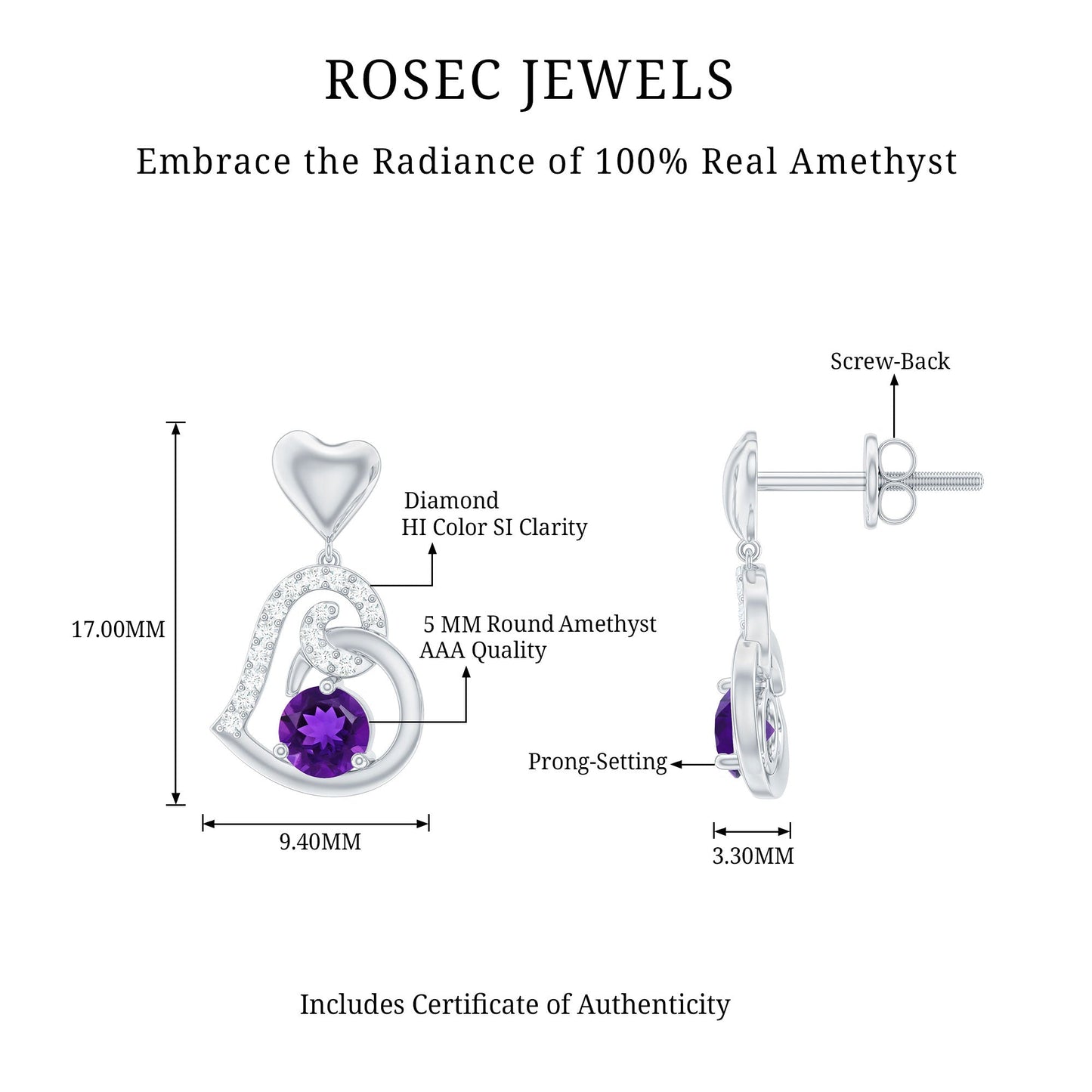 Natural Amethyst Diamond Heart Drop Earrings