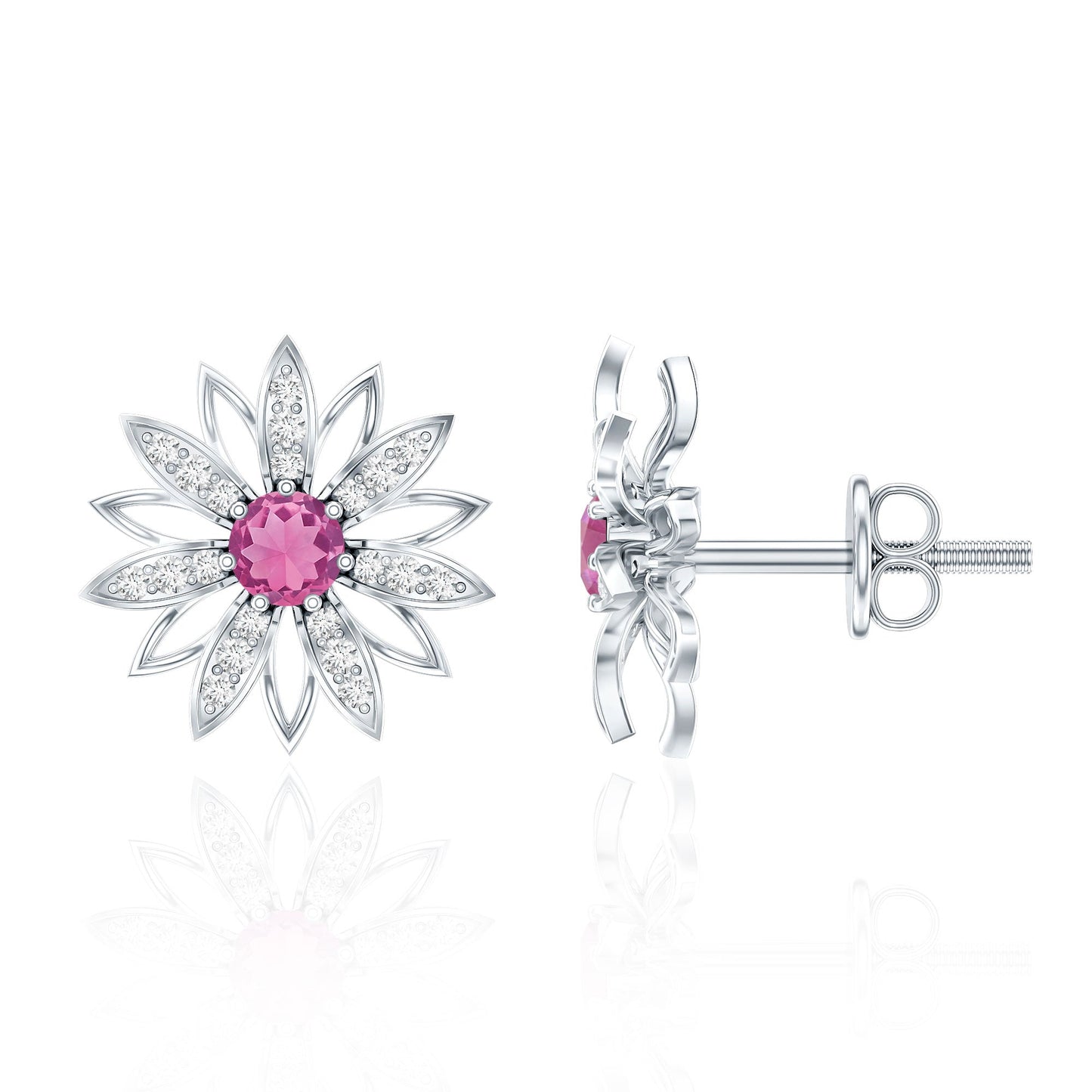 Round Pink Tourmaline Flower Stud Earrings with Diamond